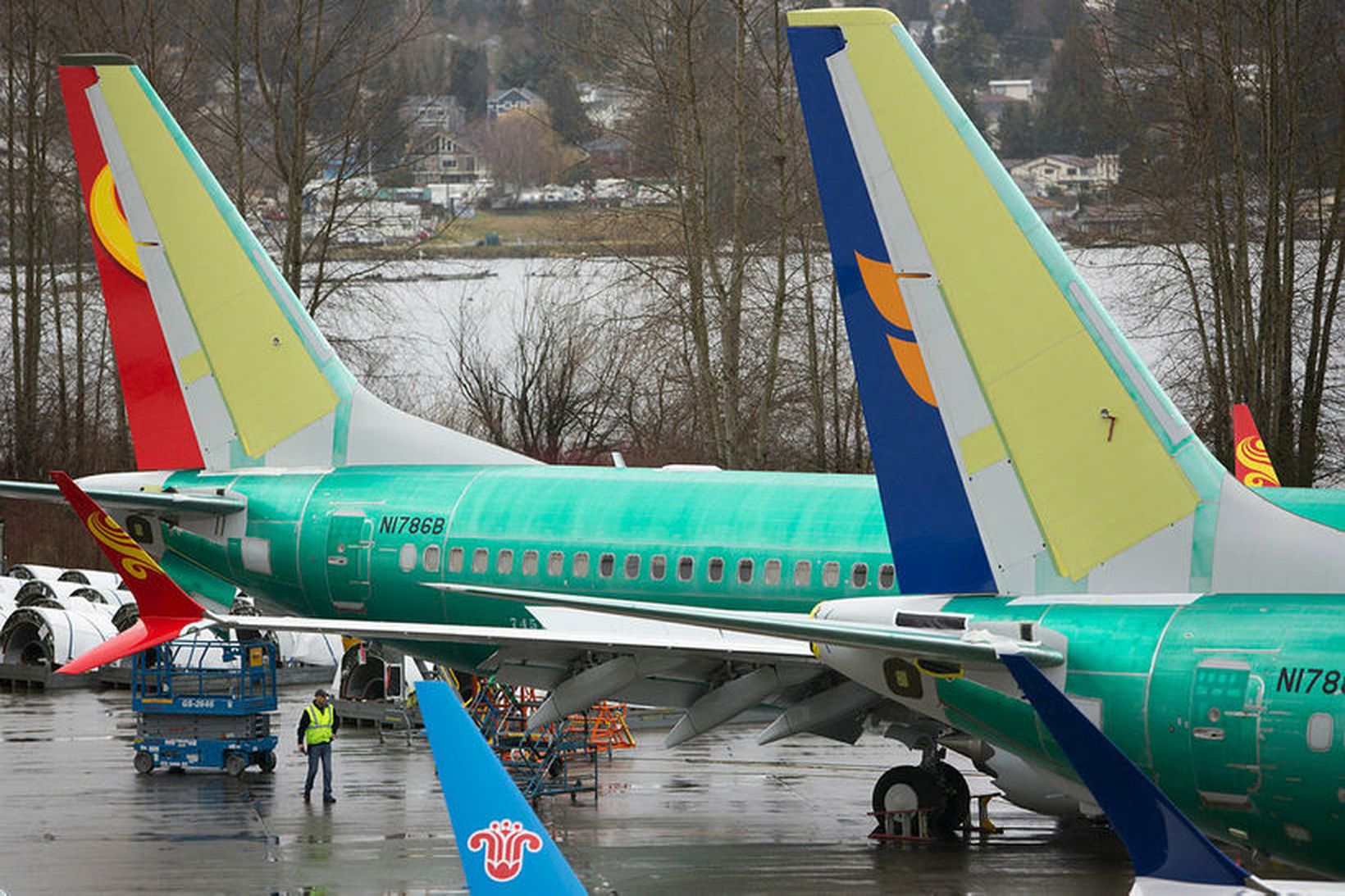 Boeing 737 Max-farþegaþotur við verksmiðju Boeing í Renton í Washington-ríki. …