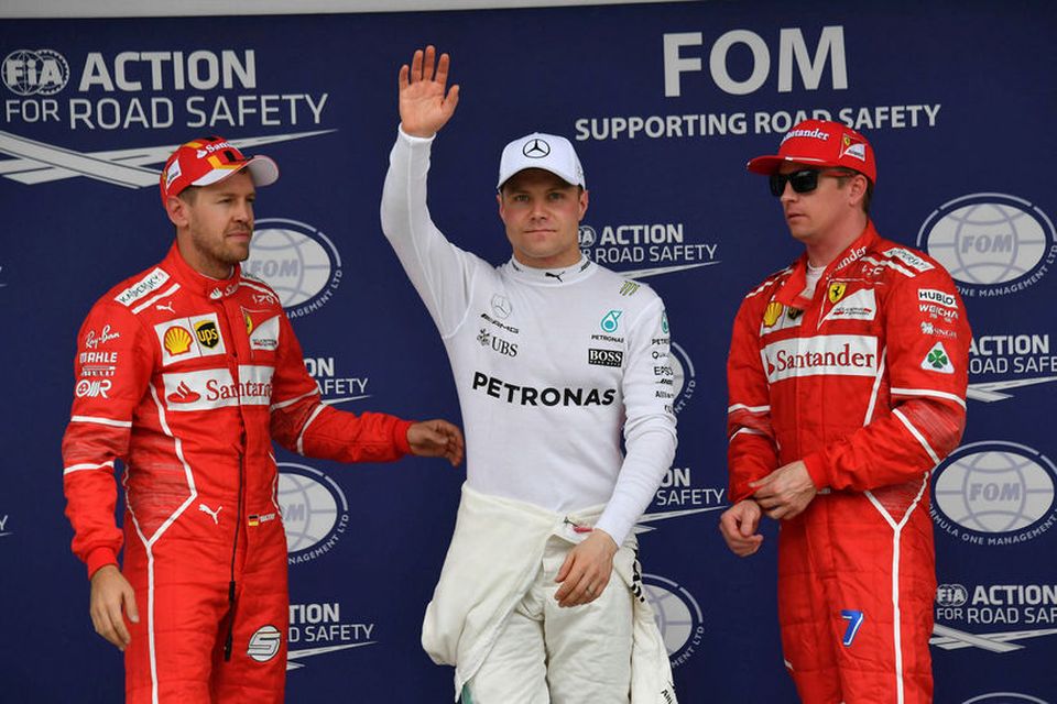 Fyrstu þrír í tímatökunni í Sao Paulo, (f.v.) Sebastian Vettel, Valtteri Bottas og Kimi Räikkönen.