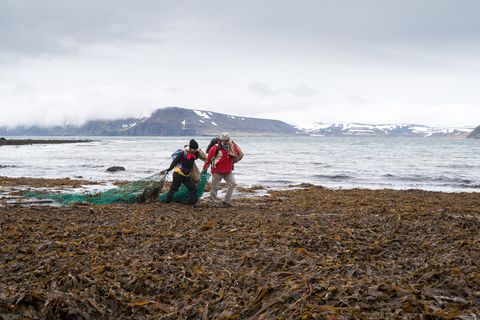 Two of the group removing an old net from the beach.