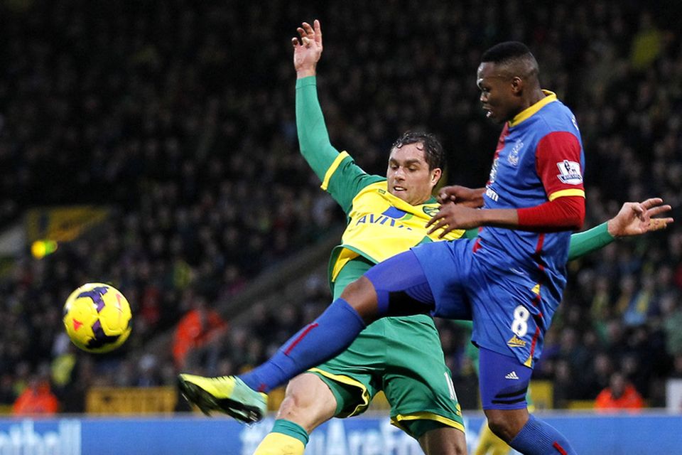 Johan Elmander í Norwich reynir að ná boltanum af Kagisho Dikgacoi leikmanni Crystal Palace.