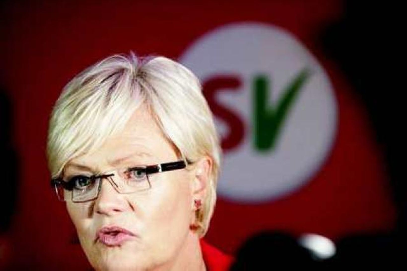 Kristin Halvorsen á kosningavöku Sósíalíska vinstriflokksins í kvöld.
