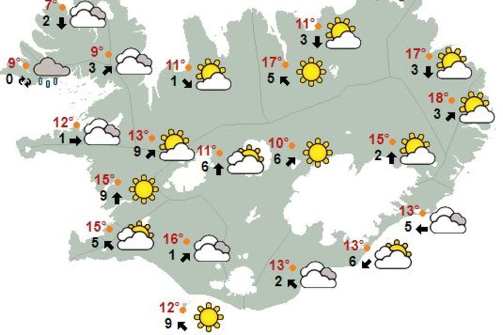 Veðurspá á landinu á hádegi í dag, föstudag.