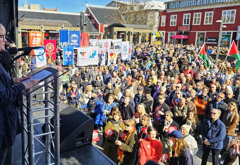 Sólveig Anna Jónsdóttir, chairwoman of Efling Union, giving her speech in downtown Reykjavík today.