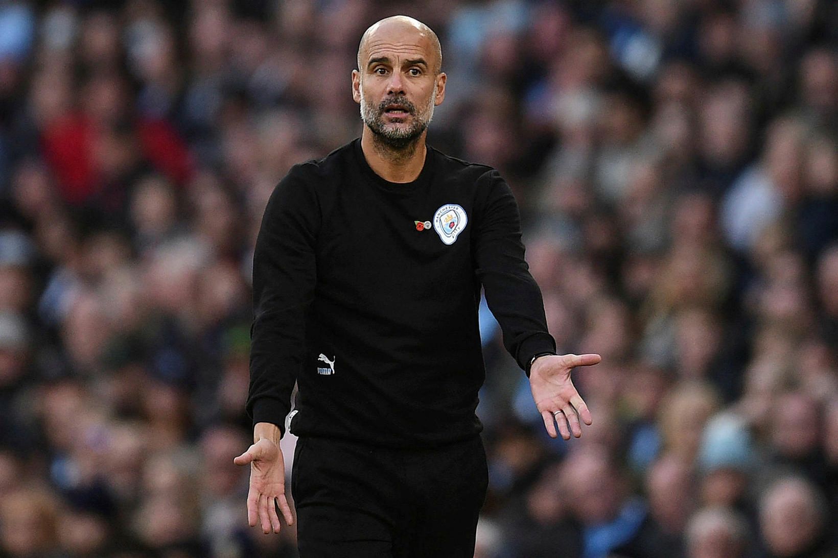 Pep Guardiola sat fyrir svörum á blaðamannafundi í dag.