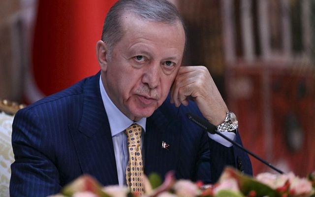 Recep Tayyip Erdogan Tyrklandsforseti á blaðamannafundi í dag.