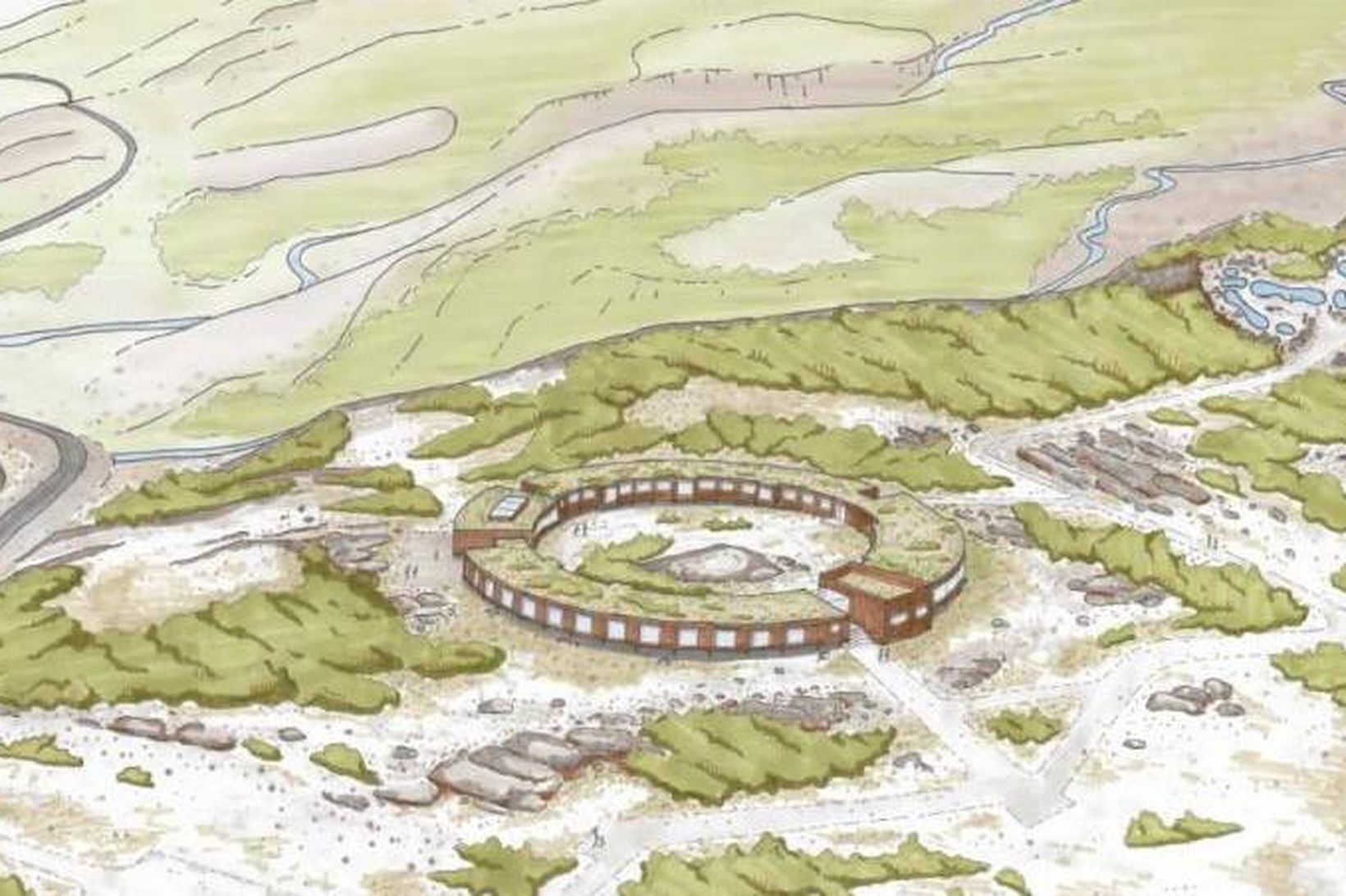 Fyrirhugað hótel er hringlaga byggingin á myndinni. Það verður skammt …