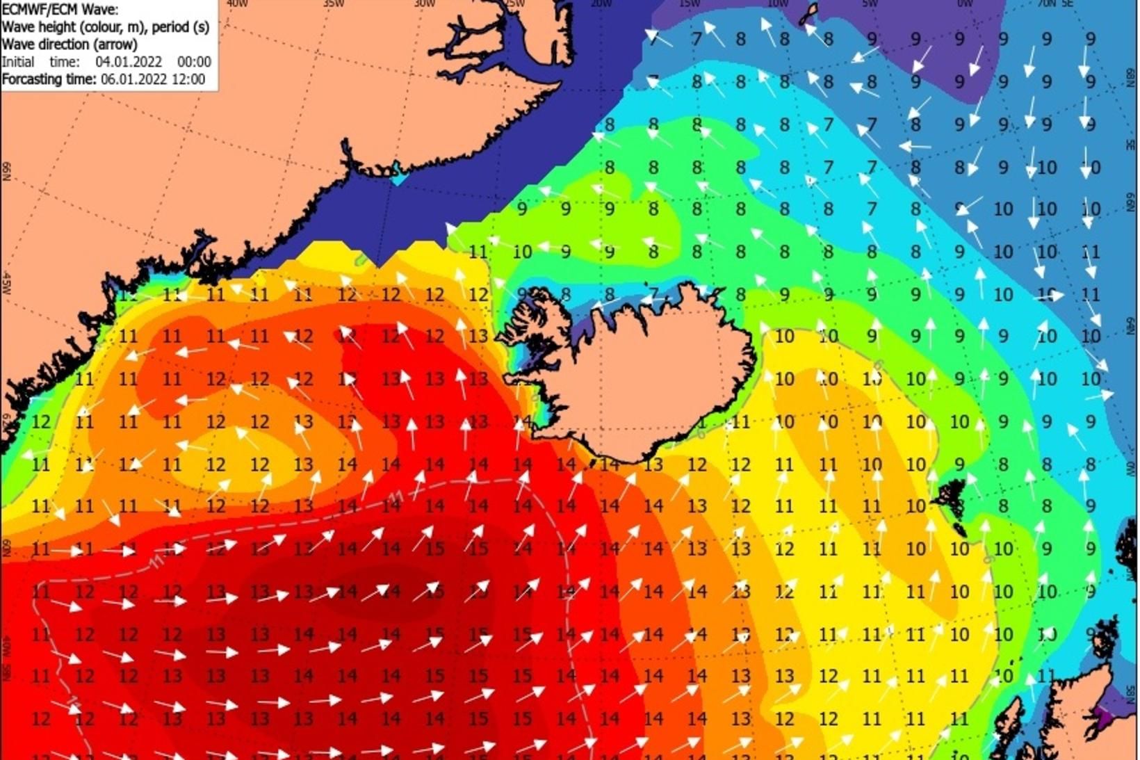 Ölduspá Veðurstofu Íslands sem gildir kl.12 á morgun.