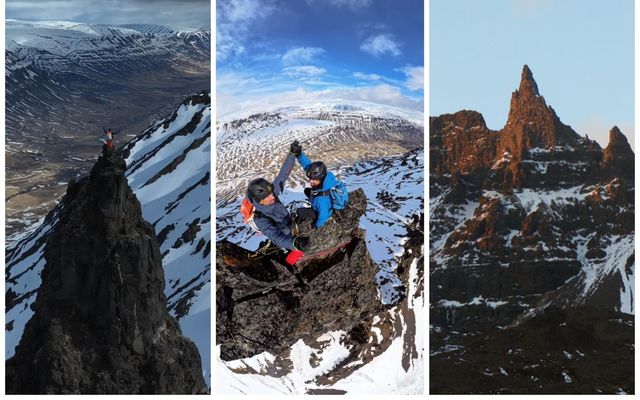 Mountaineers Sigurður Bjarni Sveinsson and Ales Cesen climbed the top of Hraundrangi in Öxnadalur recently.