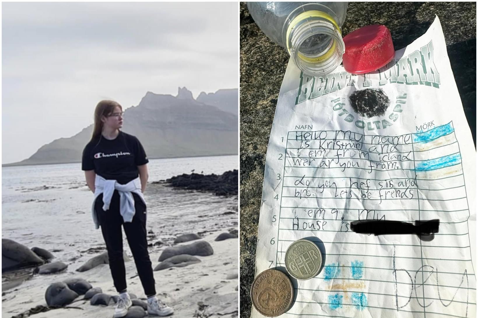 Kristrún á ströndinni þar sem hún sendi flöskuskeytið fyrir 8 …