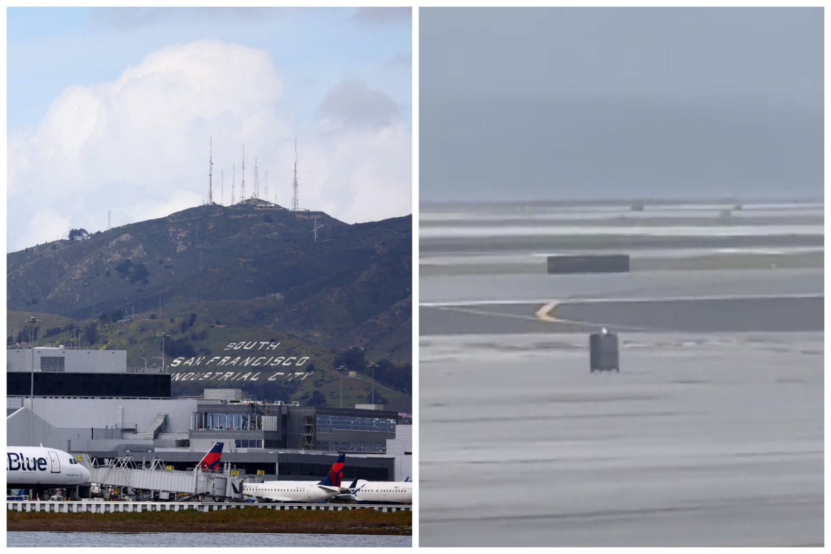 Taskan fauk yfir flugbrautina á flugvellinum í San Francisco í …