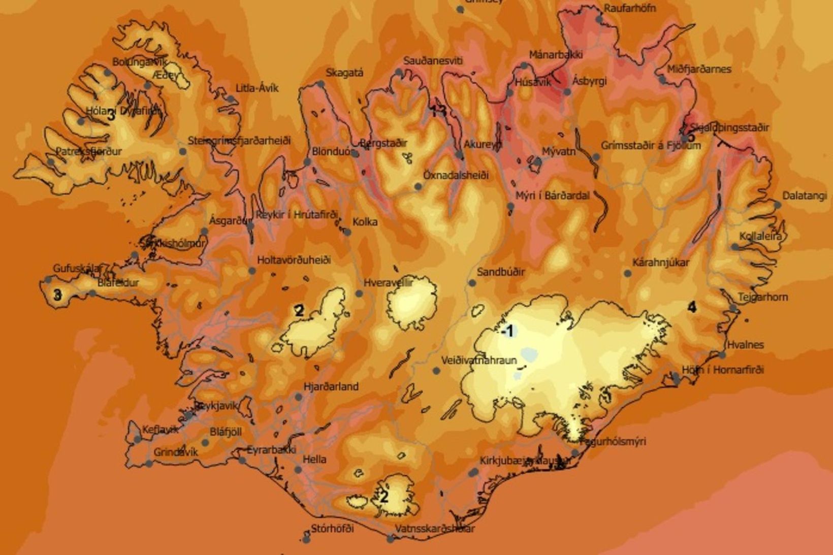 Kortið sýnir hitaspá á landinu klukkan 7 í morgun.