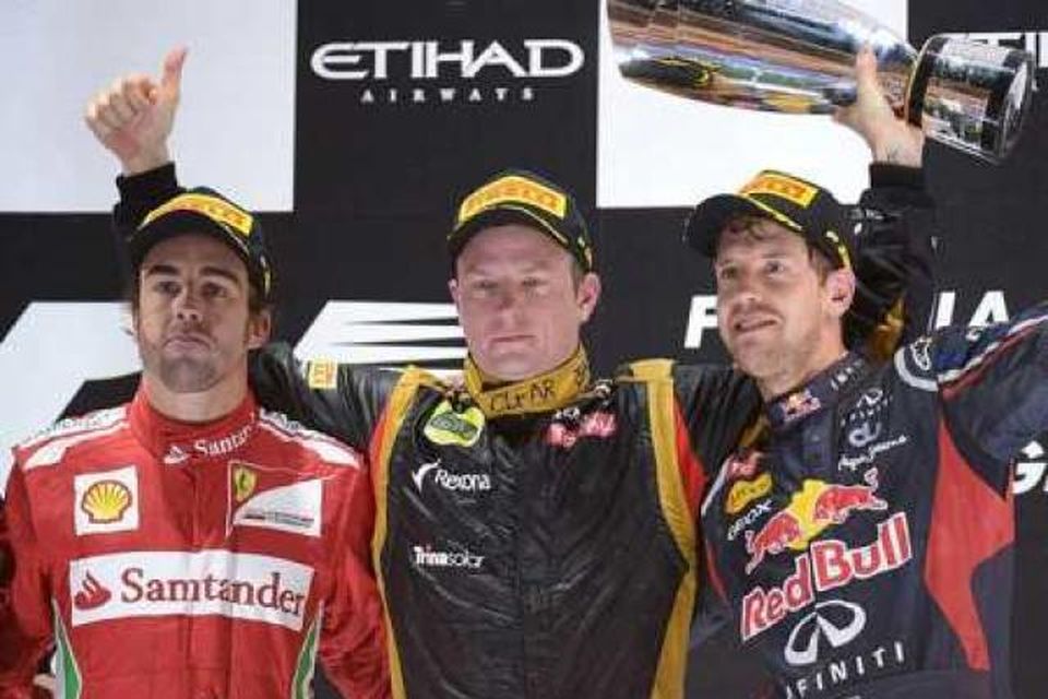 Fyrstu þrír í Abu Dhabi (f.v., Alonso, Räikkönen og Vettel.