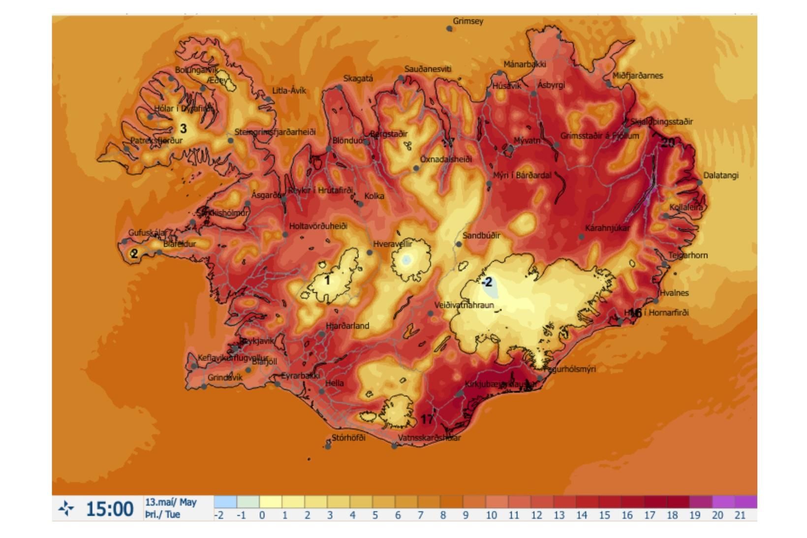 Hiti verður víða á bilinu 11 til 20 stig en …
