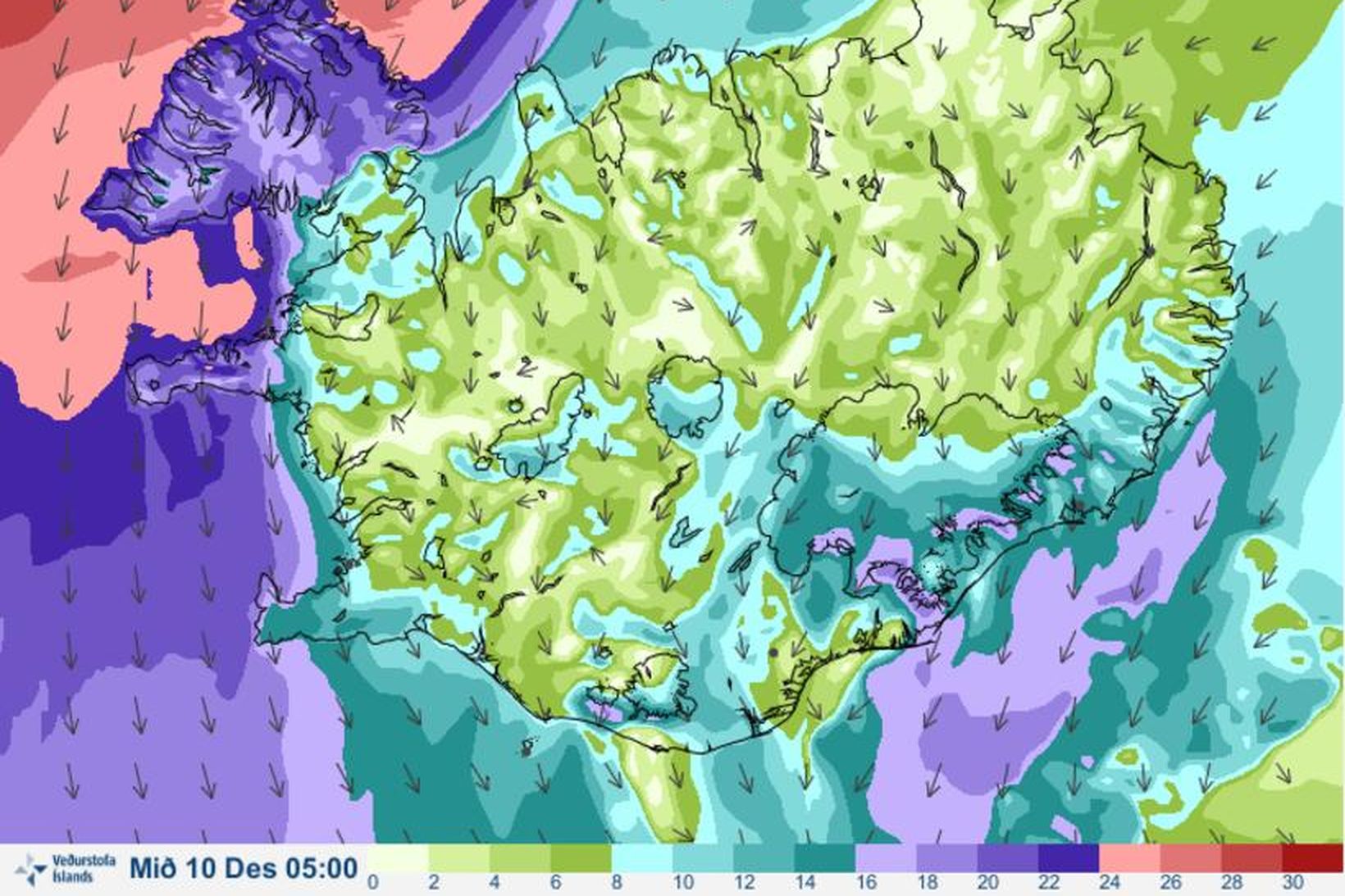 Spá um vindáttir klukkan 5 í fyrramálið - ath spáin …