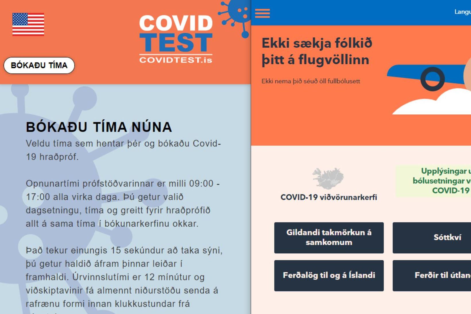 Vefsíðan covidtest.is er vinstra megin á myndinni en covid.is hægra …