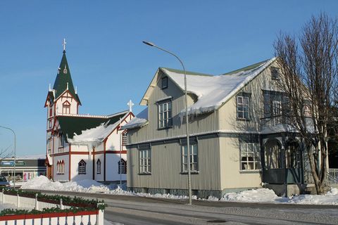 The church and congregation hall in Húsavík.
