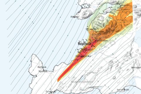 Gosefni blása beint yfir höfuðborgarsvæðið eins og sjá má á korti Belgings.