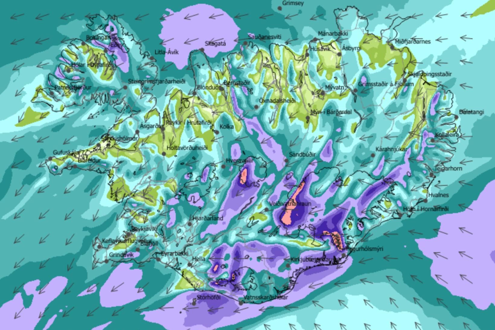 Vindaspá Veðurstofunnar klukkan 12 á hádegi í dag.