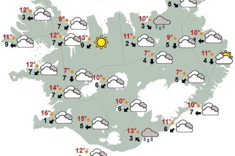 Kortið sýnir hvernig veðrið verður á landinu í hádeginu í dag.