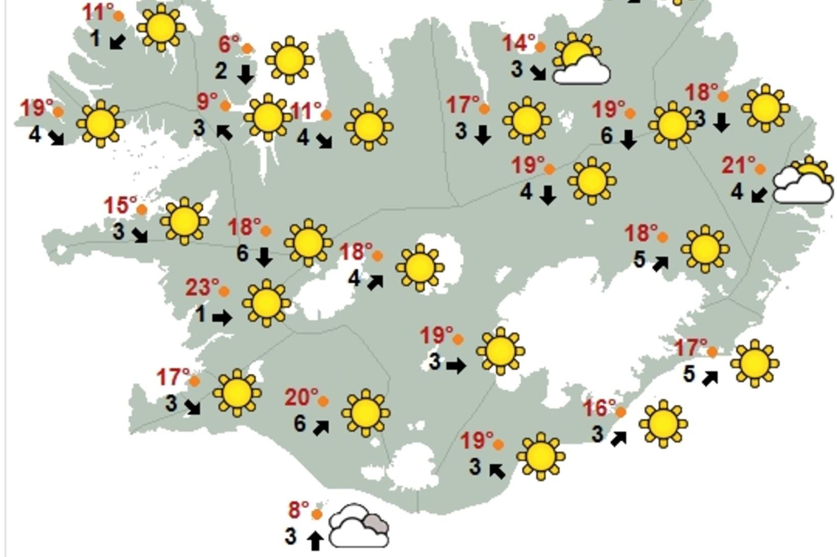Kort Veðurstofunnar klukkan 15 í dag.