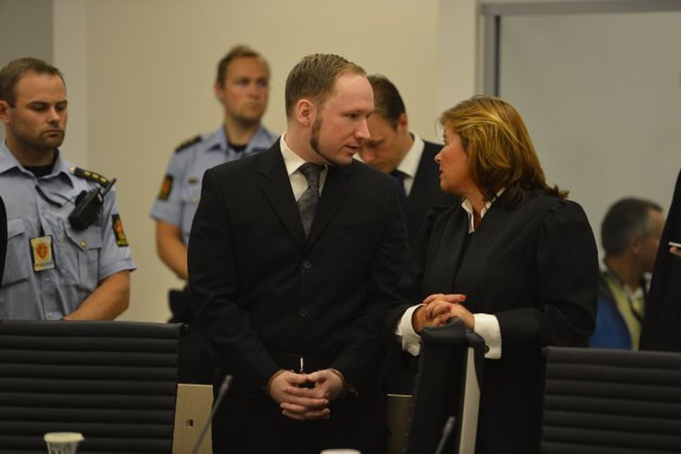 Anders Behring Breivik í dómshúsinu í morgun.