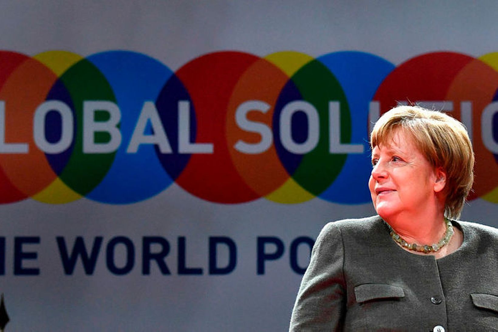 Angela Merkel kanslari Þýskalands á ráðstefnu í Berlín í dag.