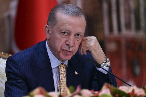 Recep Tayyip Erdogan Tyrklandsforseti á blaðamannafundi í dag.