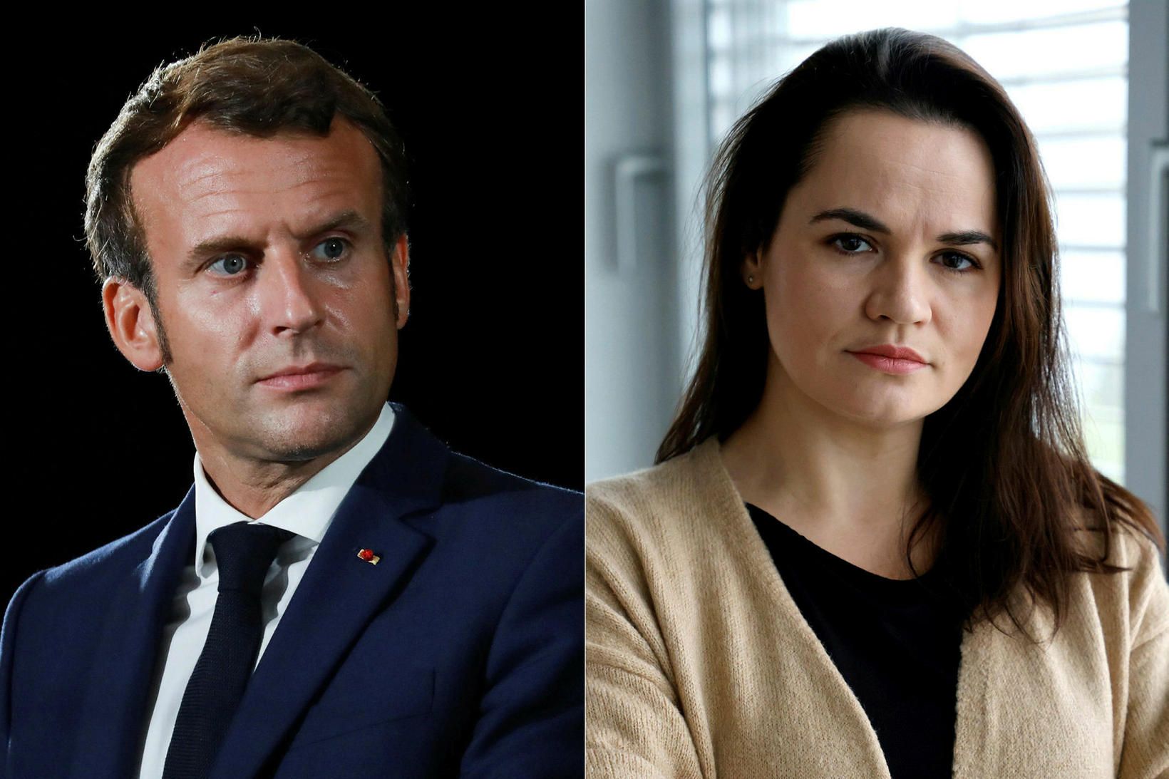 Emmanuel Macron og Svetlana Tikhanovskaya á samsettri mynd.