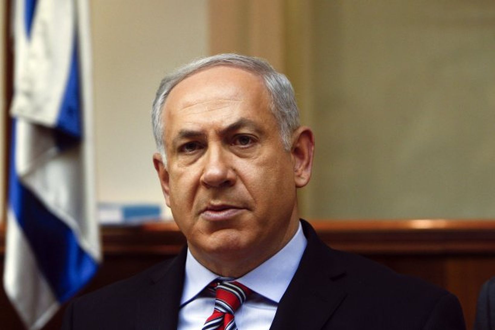 Benjamin Netanyahu, forsætisráðherra Ísraels, á vikulegum ríkisstjórnarfundi í dag.