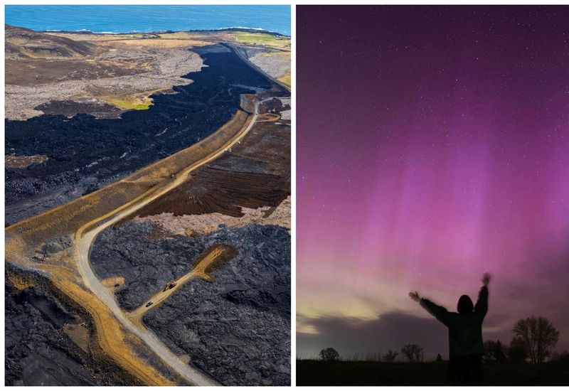 To the left is a shot from a drone showing the new defense wall northeast of Grindavík. To the right are pink northernlights caused by the geomagnetic storm, as they were seen Saturday night in Novosibirsk in Russia.