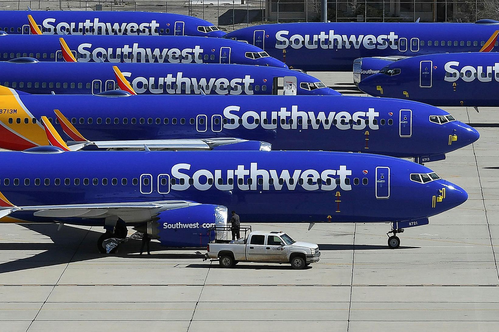 Kyrrsettar Boeing 737 MAX-flugvélar í eigu Southwest flugfélagsins í Bandaríkjunum.