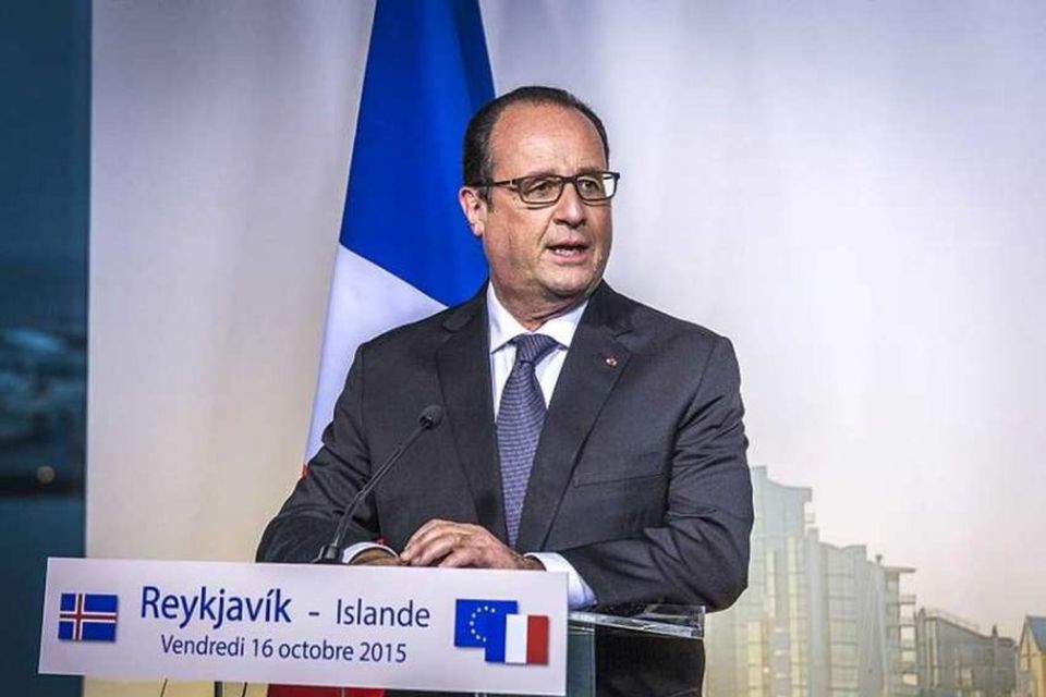 Francois Hollande á blaðamannafundi í Hörpu.