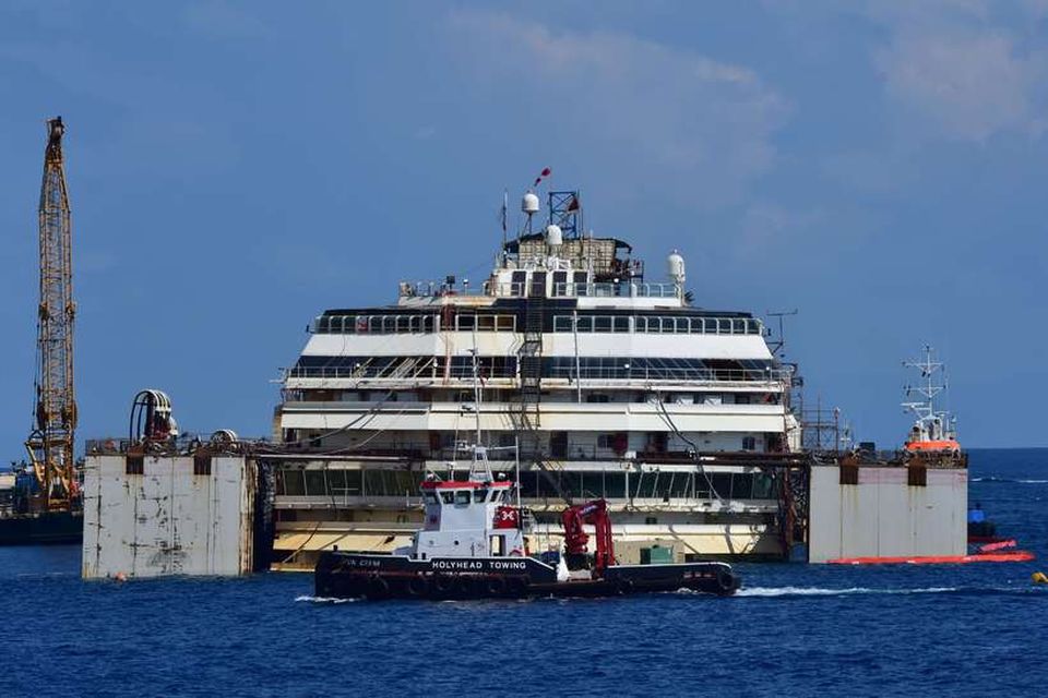 A general view shows the wrecked Costa Concordia cruise ship that lays off the Giglio …