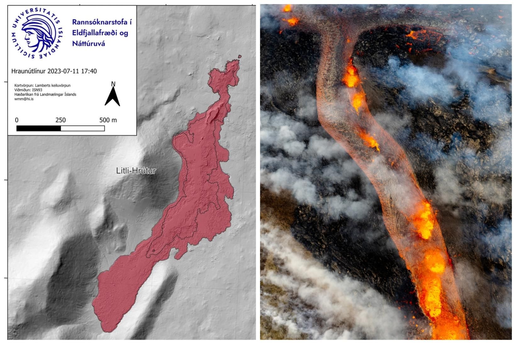 Kortið sýnir hvernig hraunið var klukkan 17.40 í gær samanborið …