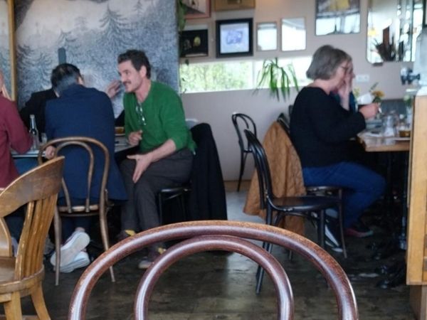 Pedro Pascal with a group of good friends at Kaffi Vest.