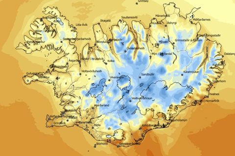 Hitaspá á landinu klukkan 12 á hádegi.