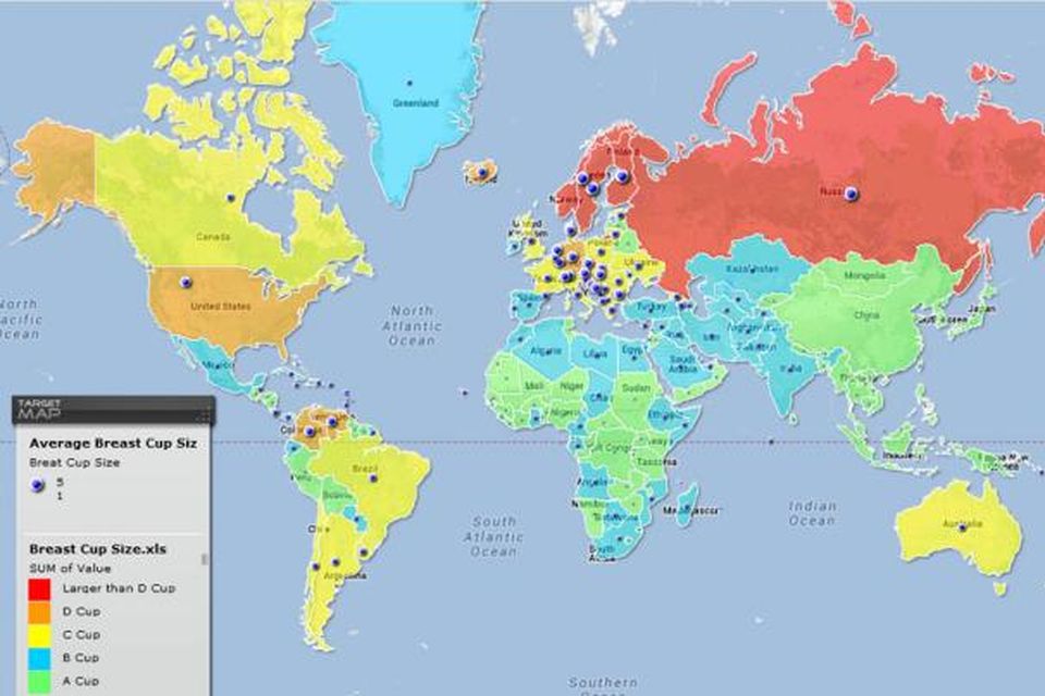 Hér má sjá lönd heimsins eftir meðalbrjóstastærð kvenfólks í hverju landi fyrir sig.