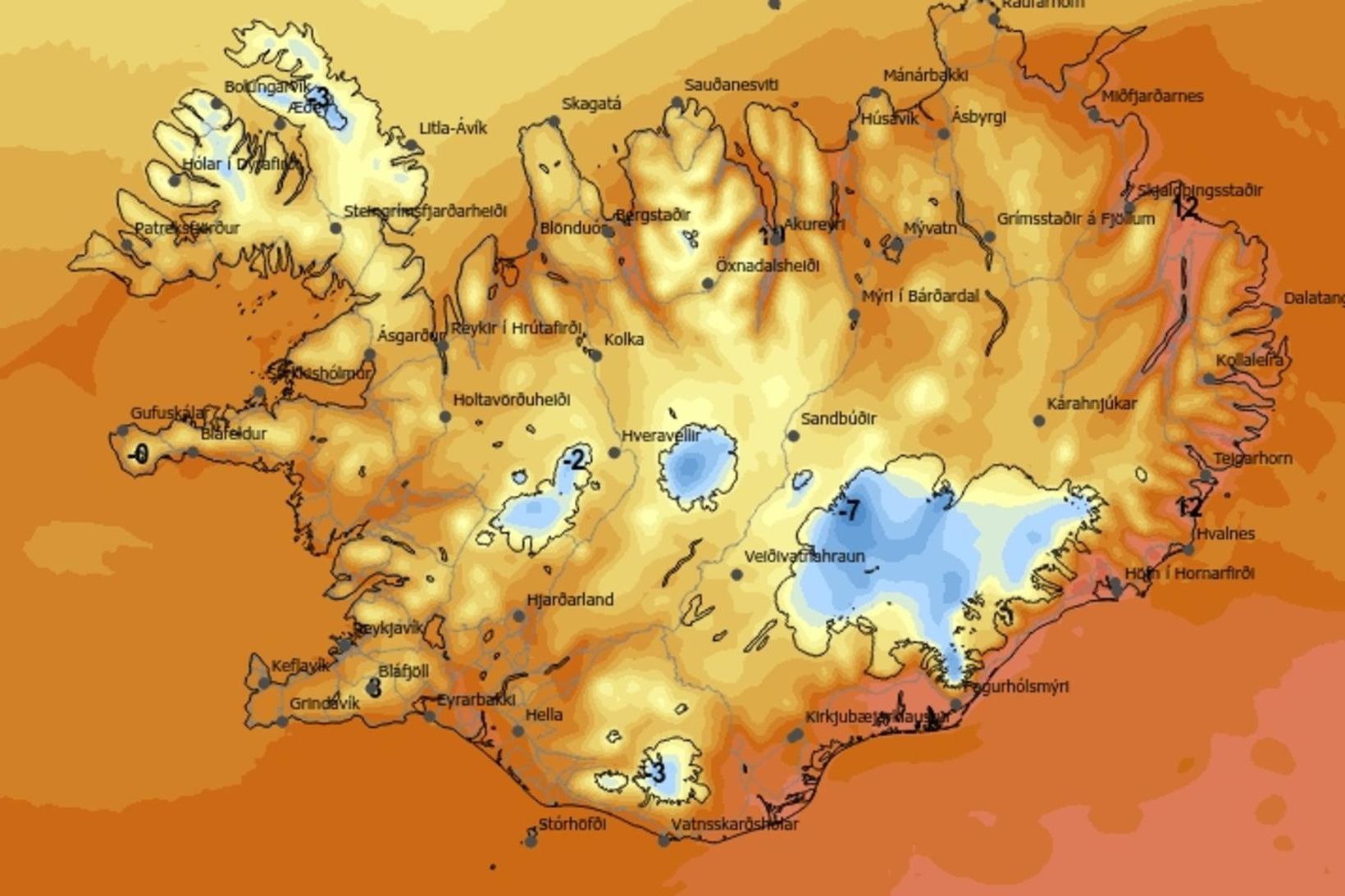 Hitaspá klukkan 12 á hádegi í dag.