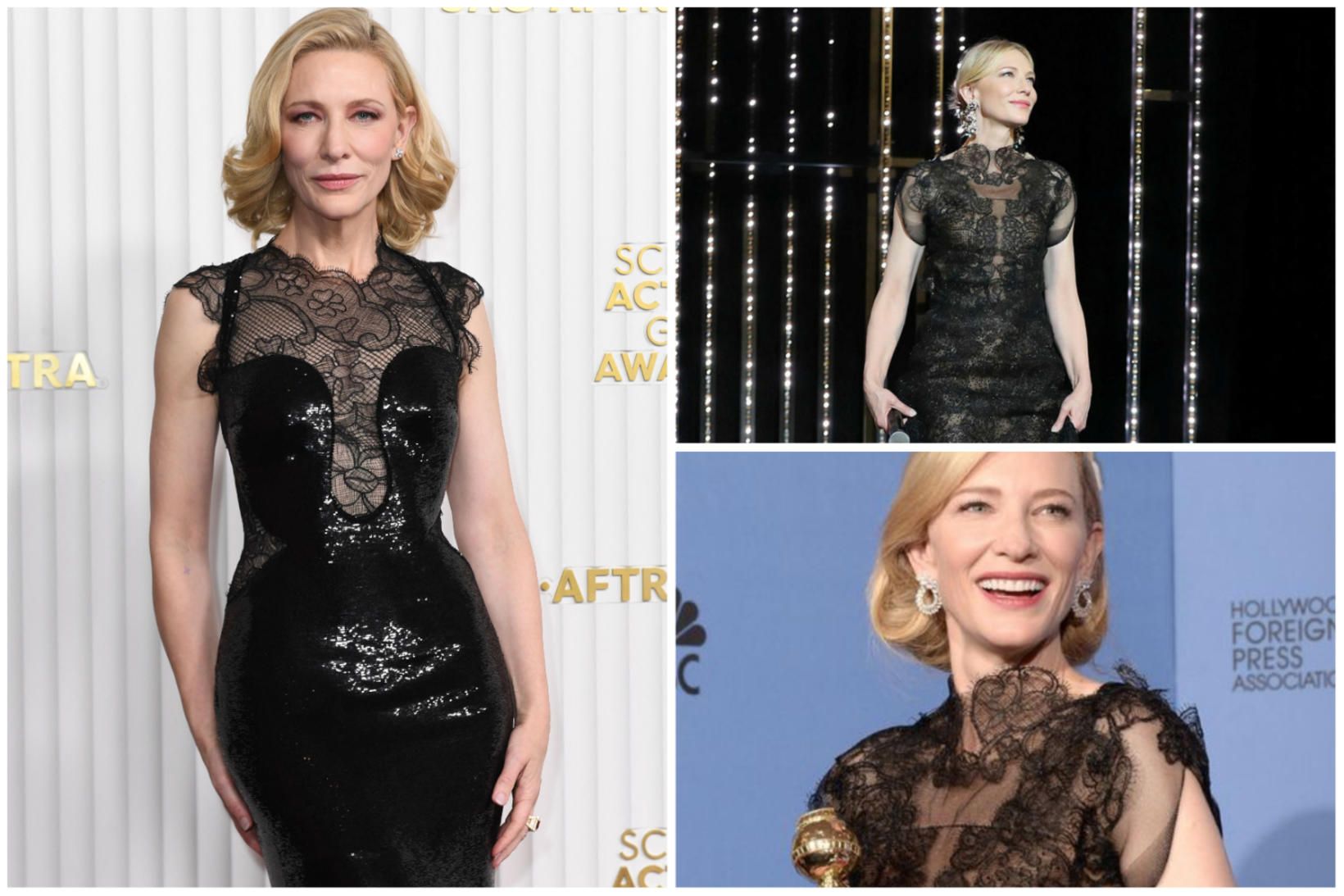 Cate Blanchett í kjólnum nú um helgina (t.v.), árið 2018 …