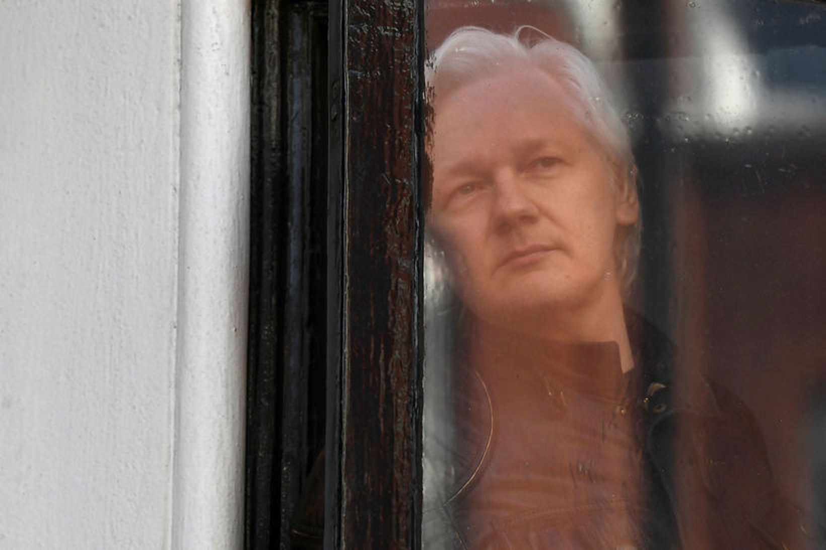 Julian Assange skoðar umhverfið út um glugga sendiráðs Ekvador í …