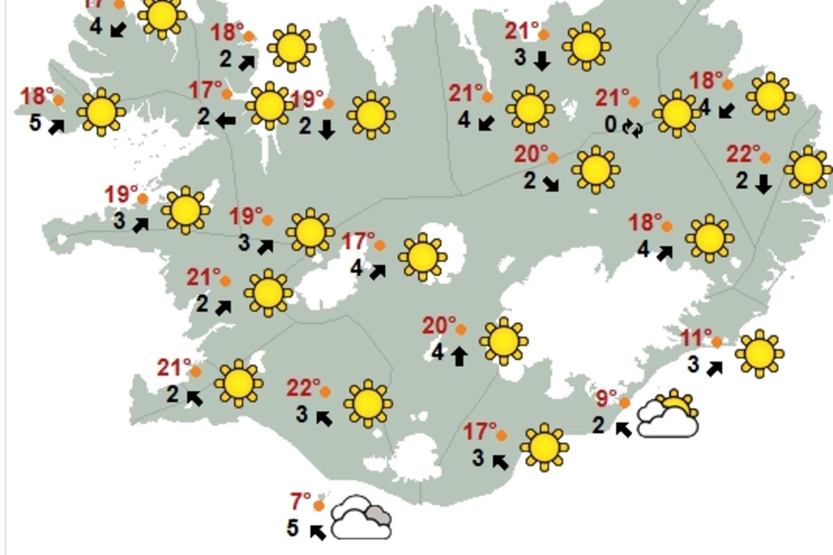 Kort veðurstofunnar klukkan 14 á sunnudaginn.