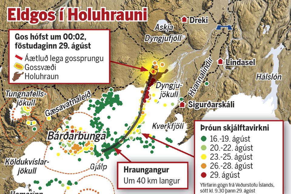 Eldgos hófst í Holuhrauni skömmu eftir miðnætti en miklar jarðhræringar hafa verið í norðanverðum Vatnajökli, …