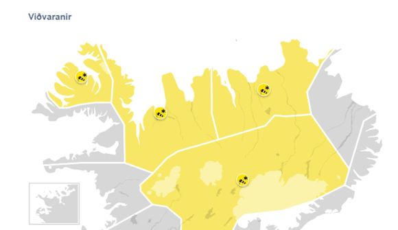 Gular veðurviðavaranir í gildi víða um land