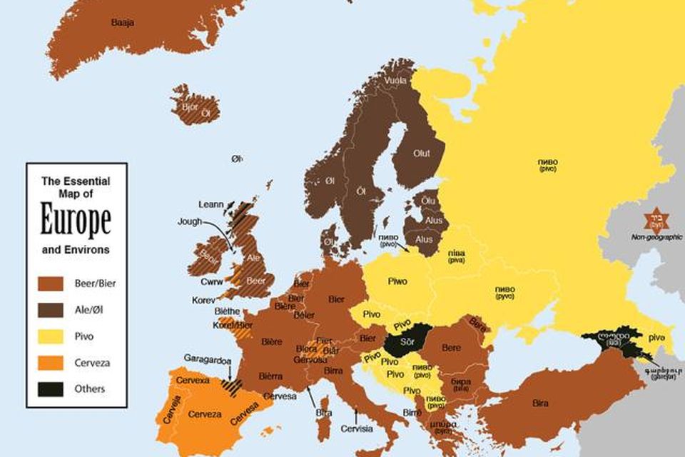 Hér eru mismunandi orð fyrir bjór dregin upp á korti yfir Evrópu.