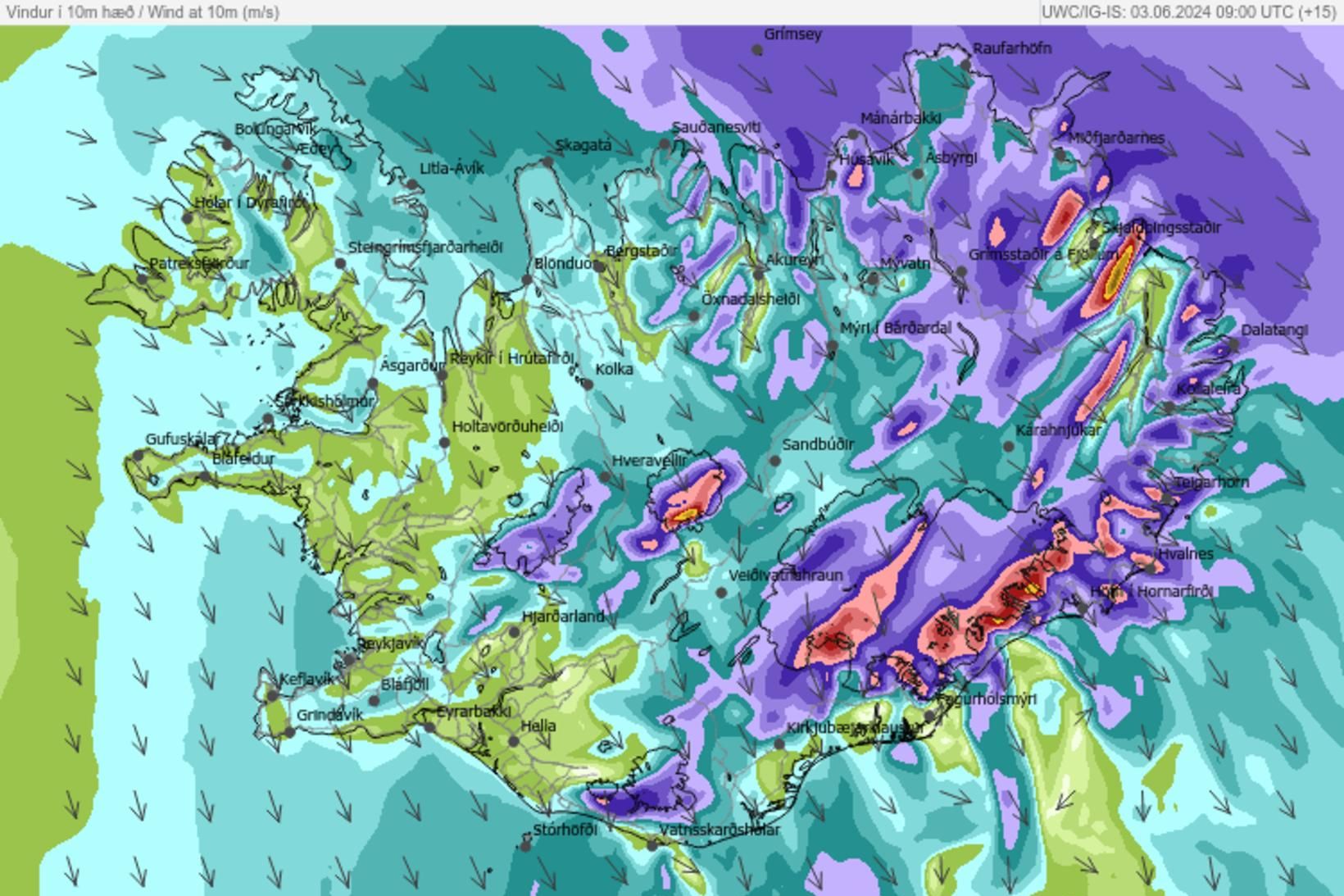 Vindaspáin á landinu á miðnætti.