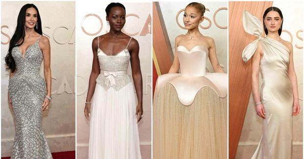 Demi Moore, Lupita Nyong'o, Ariana Grande og Raffey Cassidy í glitri og kampavínslituðu.