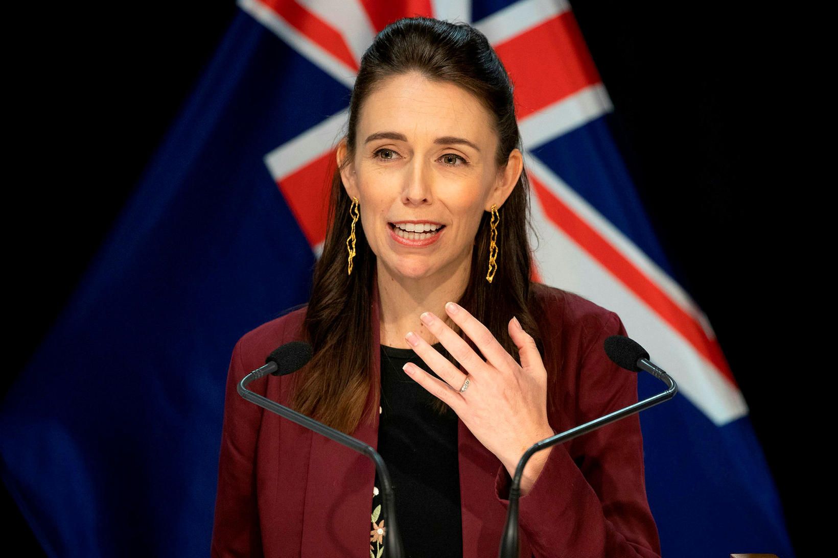 Jacinda Ardern, forsætisráðherra Nýja-Sjálands, á blaðamannafundi í dag.