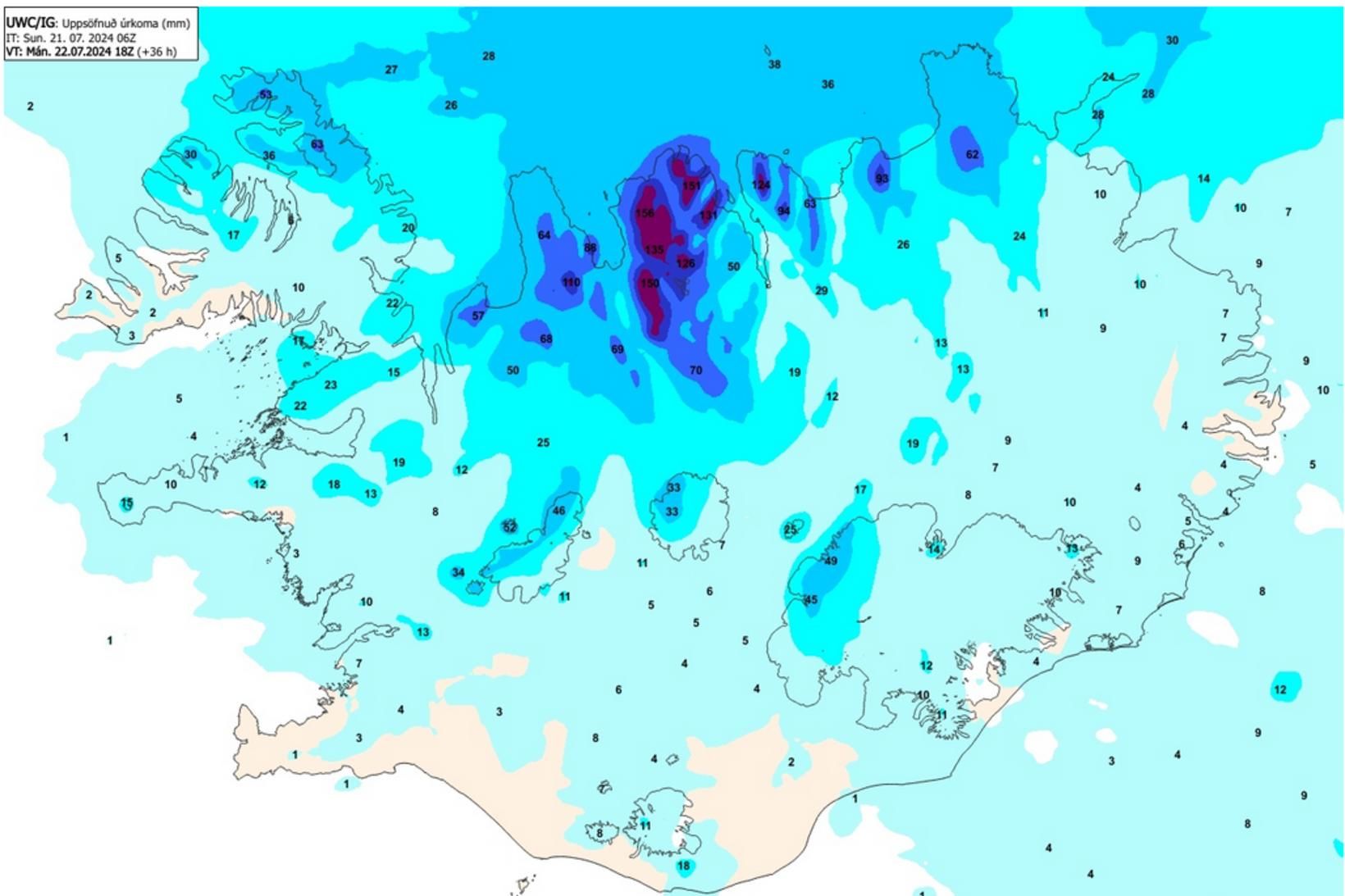 Spá uppsafnaðrar úrkomu frá kl. 6 í gær til 18 …