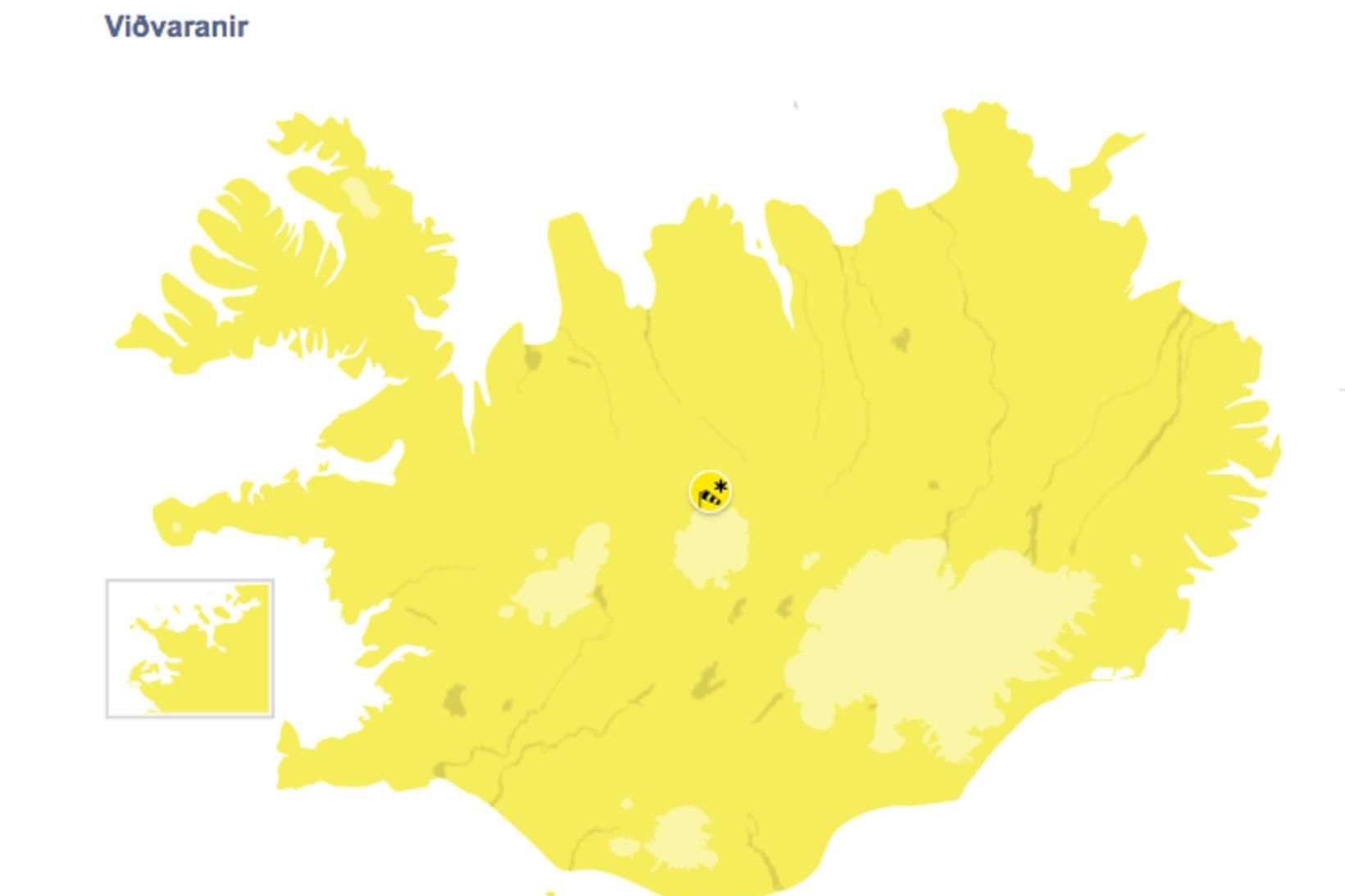 Gul veðurviðvörun verður í gildi fyrir allt landið á mánudaginn.