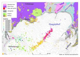 Seismic activity in Bárðarbunga. Notice how the activity seems to be moving Northeast.